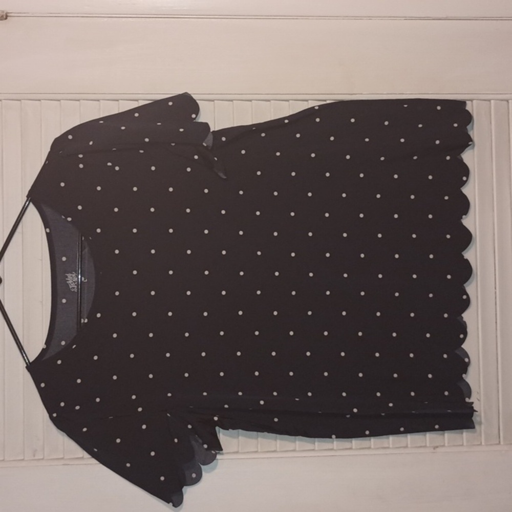 Navy and white polka dot blouse